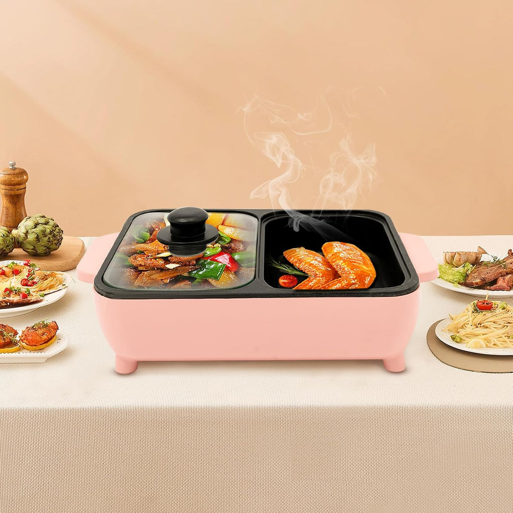 Hot Pot Electric Grill 2 in 1 Indoor Non-Stick Smokeless Grill with Dual Temperature Control, Portable Multifunctional for Korean BBQ, Serves 1-4 People