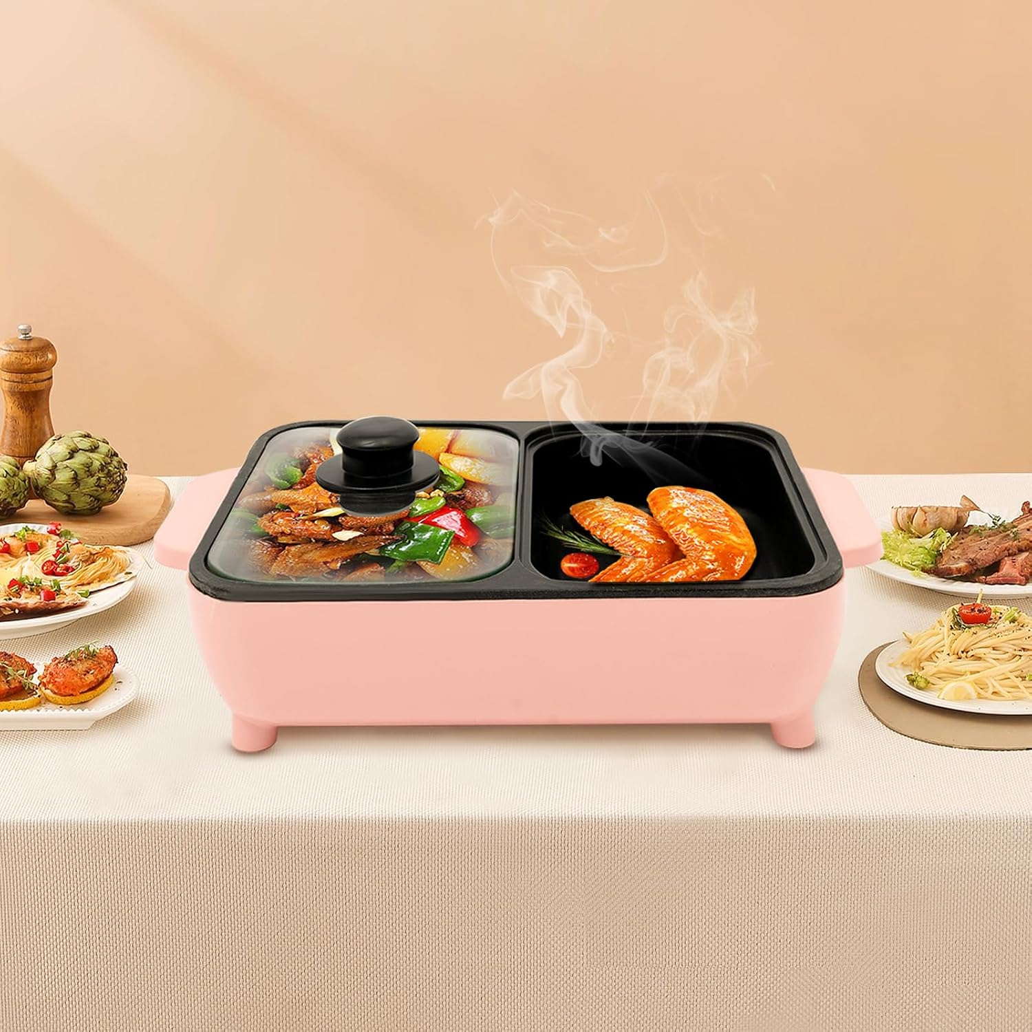 Hot Pot Electric Grill 2 in 1 Indoor Non-Stick Smokeless Grill with Dual Temperature Control, Portable Multifunctional for Korean BBQ, Serves 1-4 People