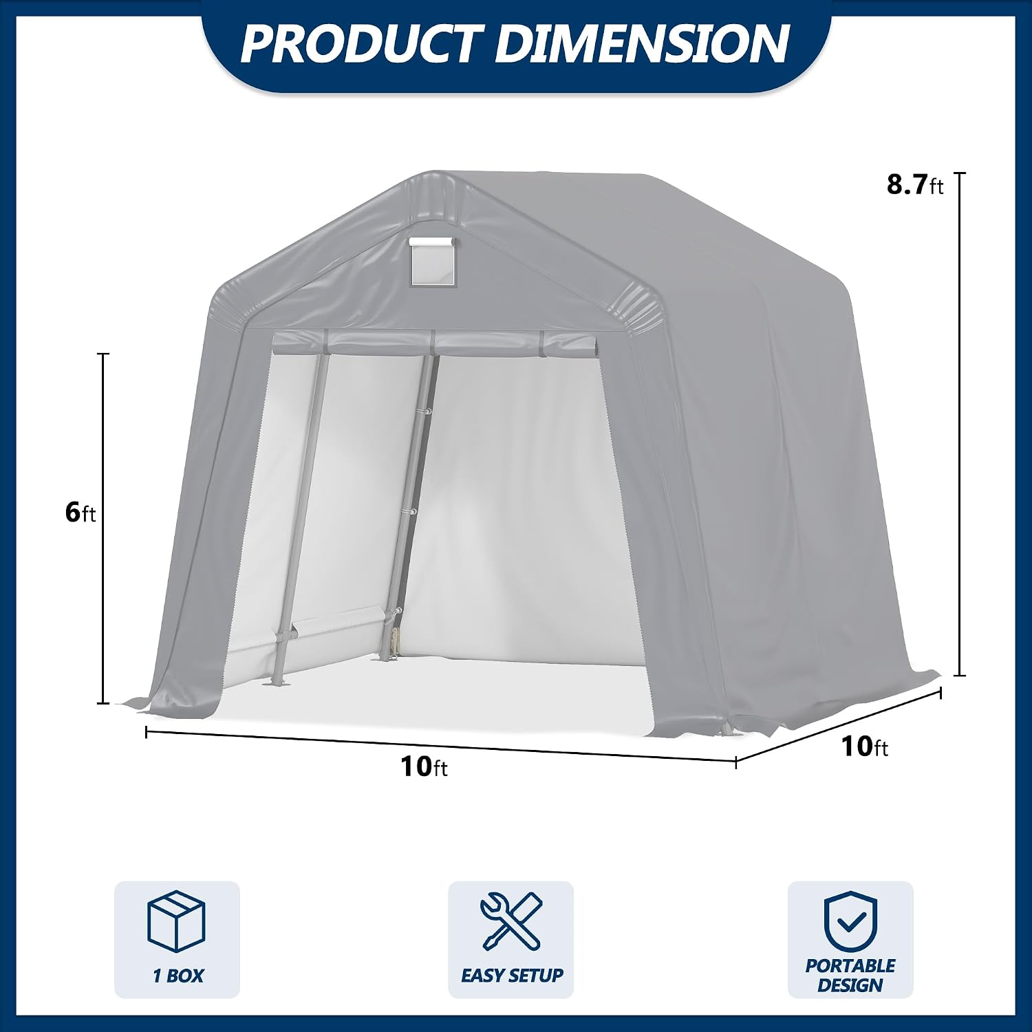 COVERONICS 10' x 10' Outdoor Storage Shed - Heavy Duty Portable Shelter Carport with Ventilation Windows and Roll-up Doors, Storage Shelter Tent for Motorcycle, Bike, Lawnmower and Garden Tools, Grey