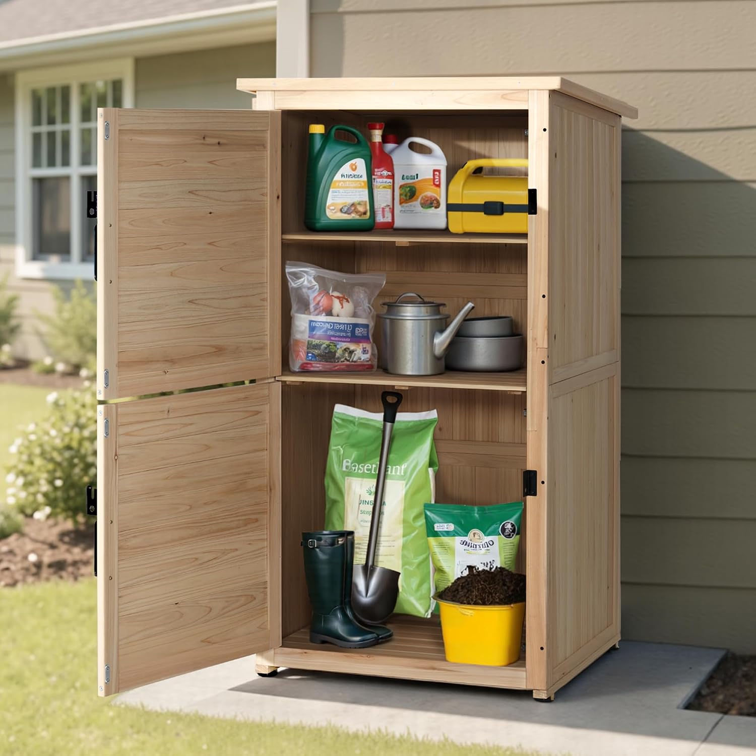 MCombo 30' Deep Wood Sheds & Outdoor Storage, Outside Garden Tool Cabinet Shed with Removable Shelf, Outdoor Storage Cabinet Shed Waterproof for Patio 0786 (Natural)