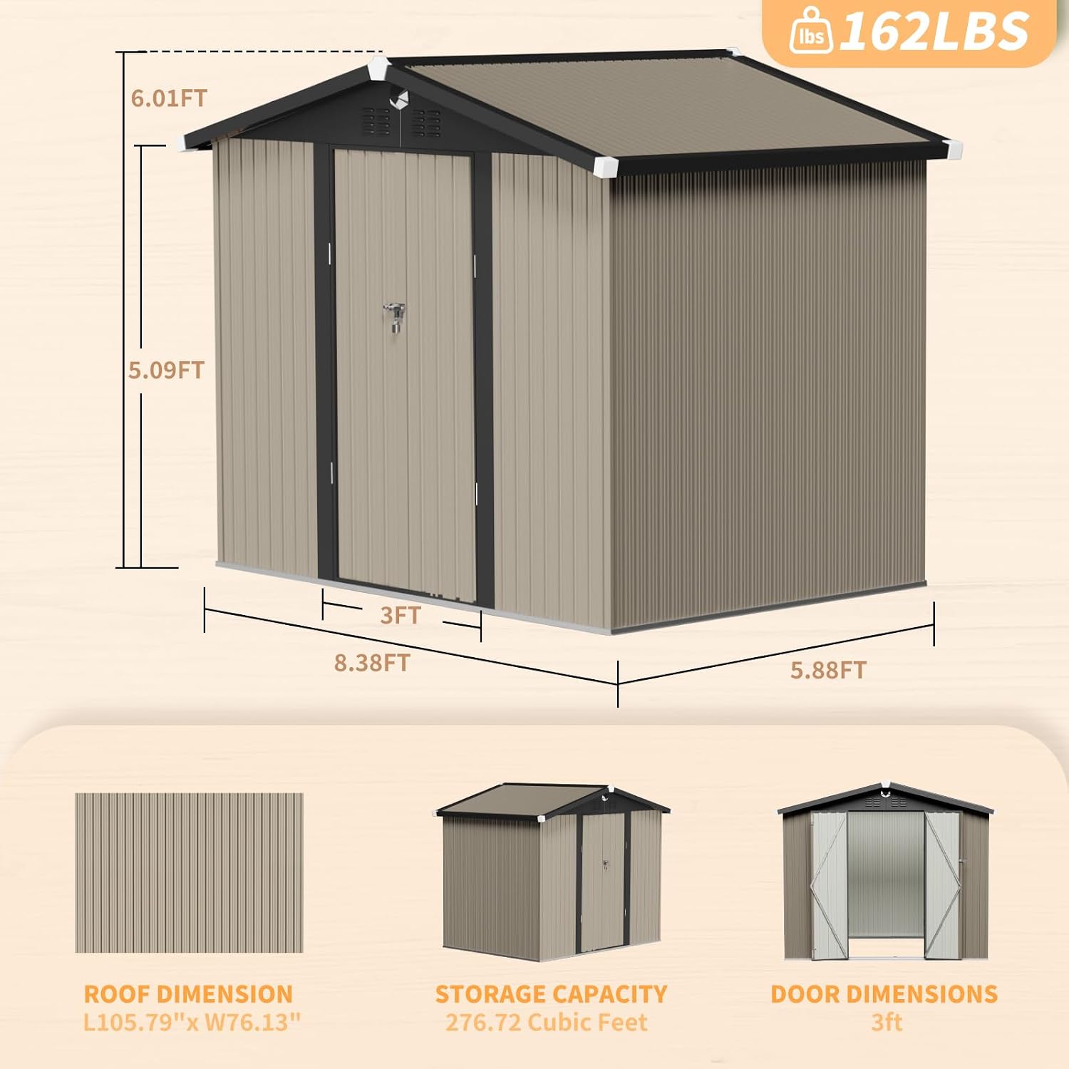 Outdoor Storage Shed 8x6 FT,Metal Tool Sheds,Waterproof Outside Storage Sheds with Lockable Door,Large Storage Building