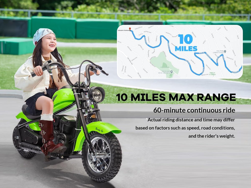 Garveelife Electric Dirt Bike, 15 Mph & 150lb Max, 24V Ride On Toy for Big Kids w/Led Lights & Power Display, 300W Chain-Driven Motor, Two Speed, Handbrake, Leather Seat, 12' Air-Filled Tires, Green