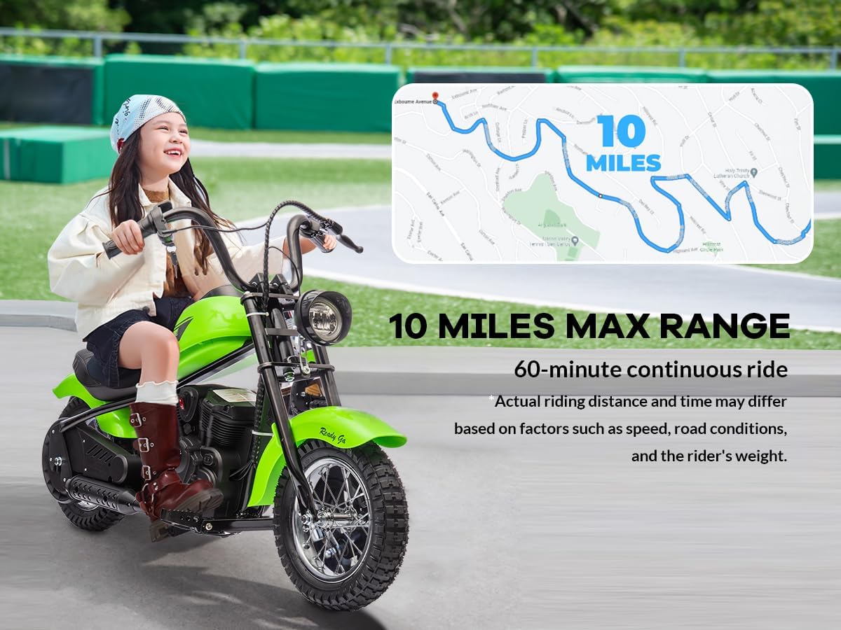 Garveelife Electric Dirt Bike, 15 Mph & 150lb Max, 24V Ride On Toy for Big Kids w/Led Lights & Power Display, 300W Chain-Driven Motor, Two Speed, Handbrake, Leather Seat, 12' Air-Filled Tires, Green