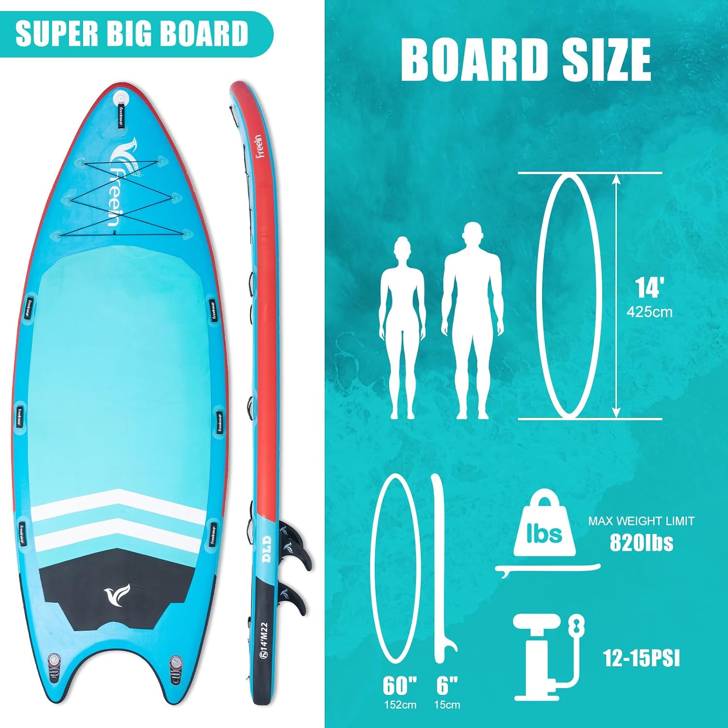 Freein 14'/15'/16' Inflatable Team SUP, Extra Large Stand Up Paddle Board for Multi Person, Dual-action Hand Pump, Adjustable Paddle, Complete Kit
