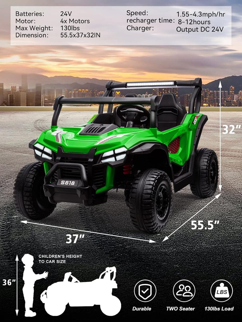 OTTARO 24V XXXL Ride on Cars 2 Seater, Electric Cars Vehicles for Big Kids, 4WD Ride on UTV Truck w/Remote Control, 25' Spacious Seat, 2 Safety Belts, Bright Light, Music Player,Bluetooth（Green）