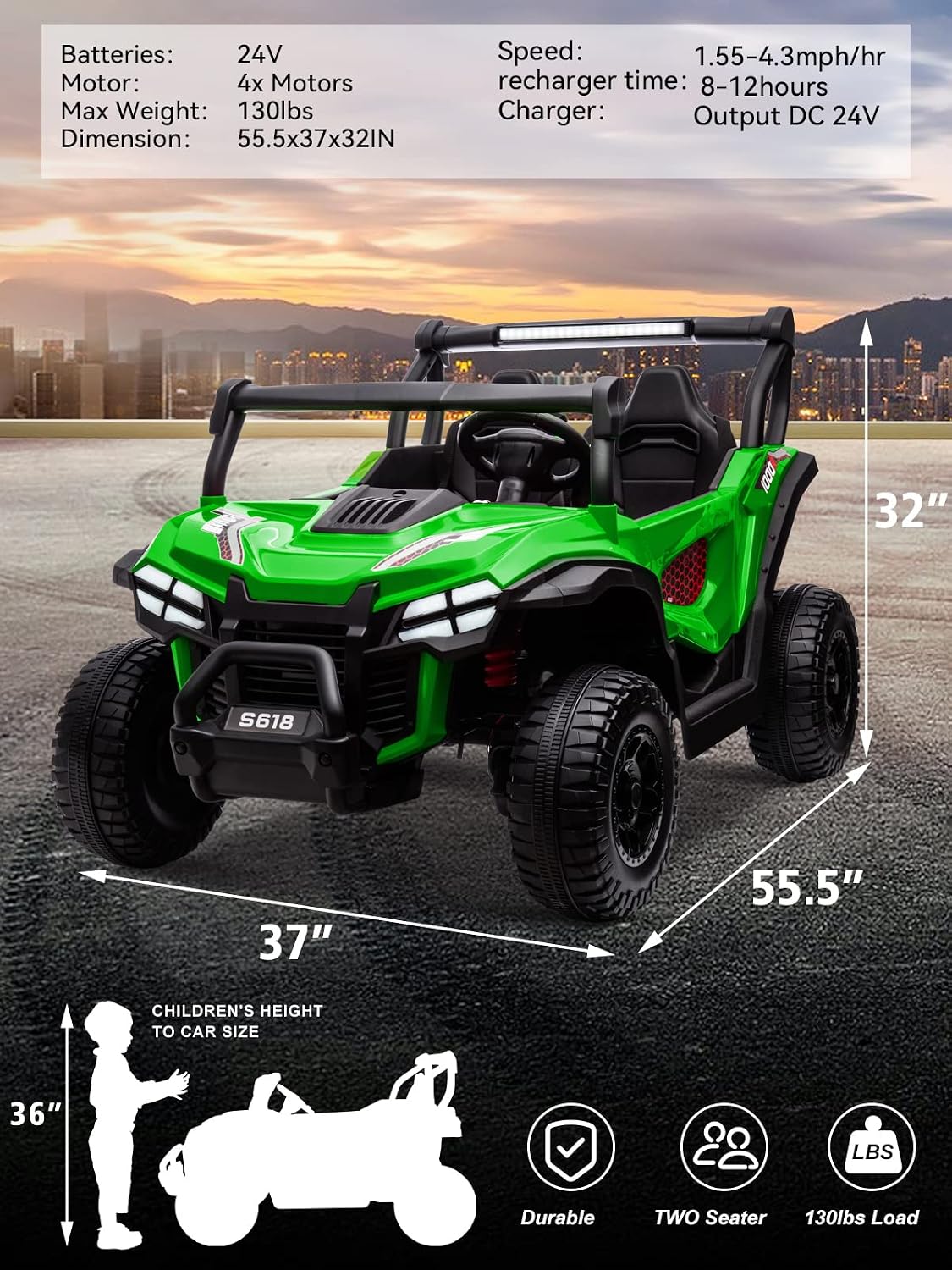 OTTARO 24V XXXL Ride on Cars 2 Seater, Electric Cars Vehicles for Big Kids, 4WD Ride on UTV Truck w/Remote Control, 25' Spacious Seat, 2 Safety Belts, Bright Light, Music Player,Bluetooth（Green）