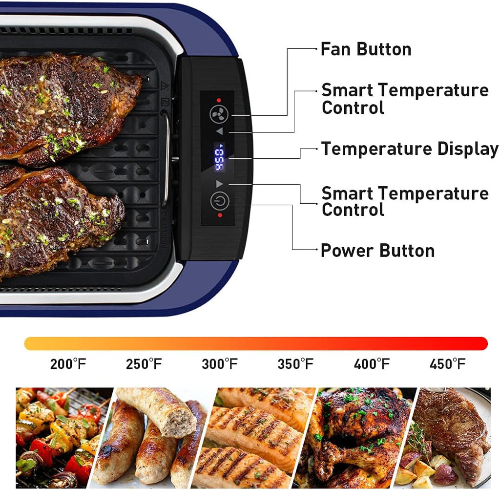 Smokeless Indoor Grill, CUSIMAX Electric Grill with Tempered Glass Lid, 1500 Indoor Grill & Flat Top Griddle for Cusimax Smokeless Grills, Pancake Griddle Plate, Dishwashe safe, Blue