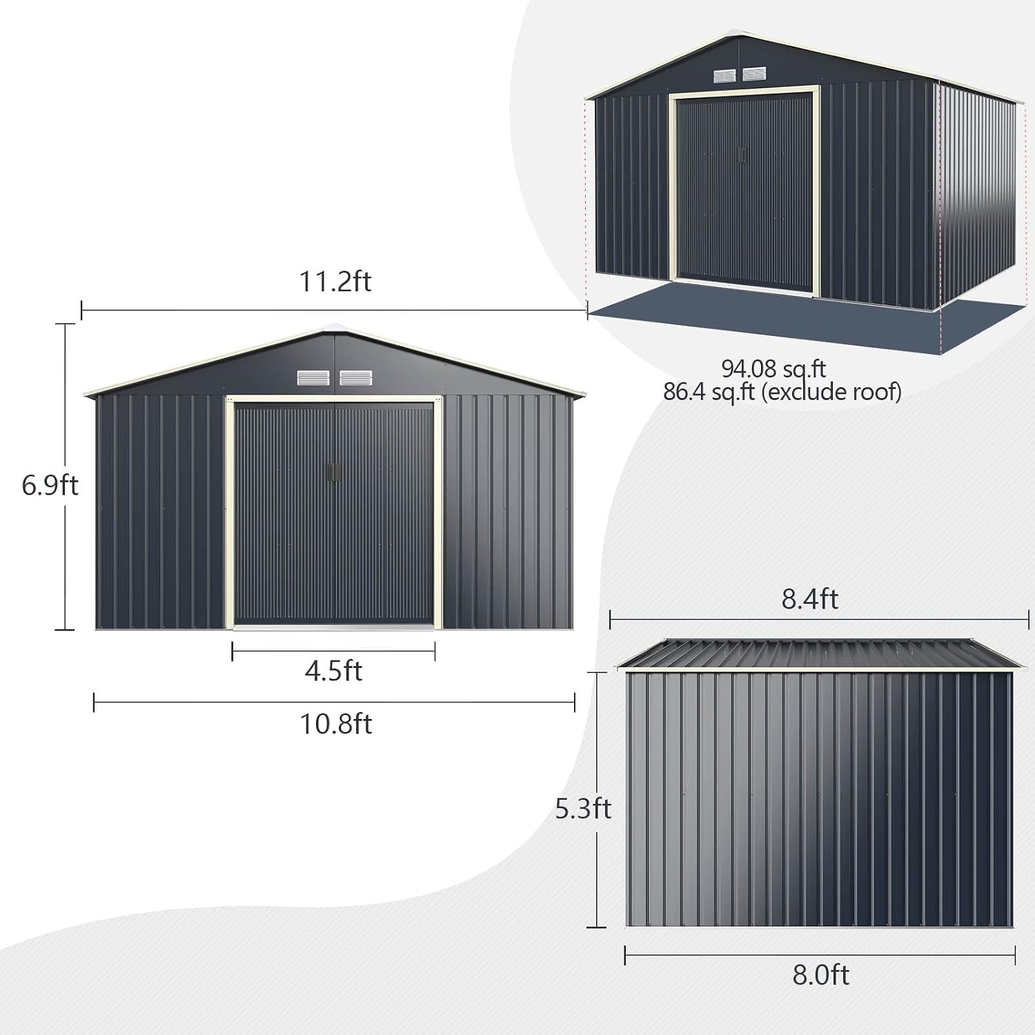 Goplus Storage Shed, Metal 11' X 8' Outdoor Building Organizer with 4 Vents & Double Sliding Door for Garden Backyard Farm (11'X8')