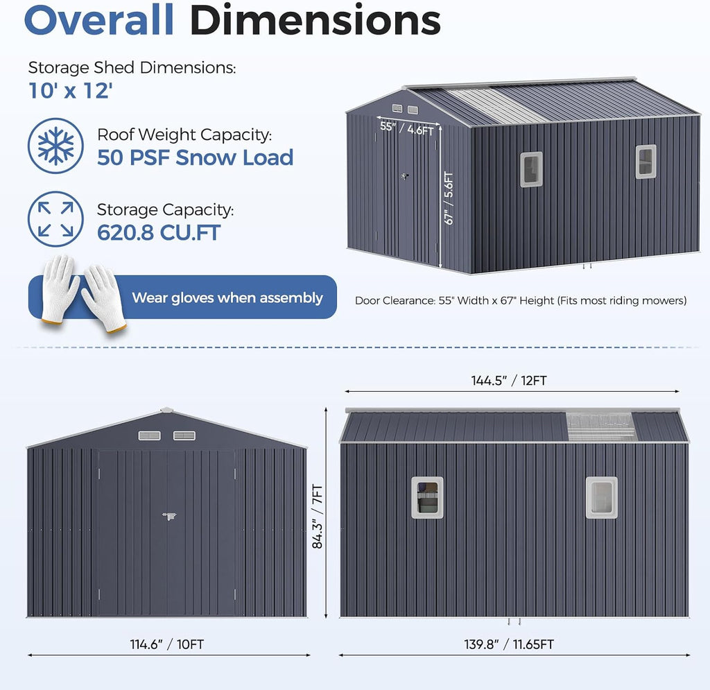 K Knowbody 10x12 FT Metal Shed with Floor Kit, 20-Gauge Reinforced Frame with Powder Coating, 50 PSF Snow Load & 120 MPH Wind Rated, Large Outdoor Storage Building with Skylight for Garden & Bike