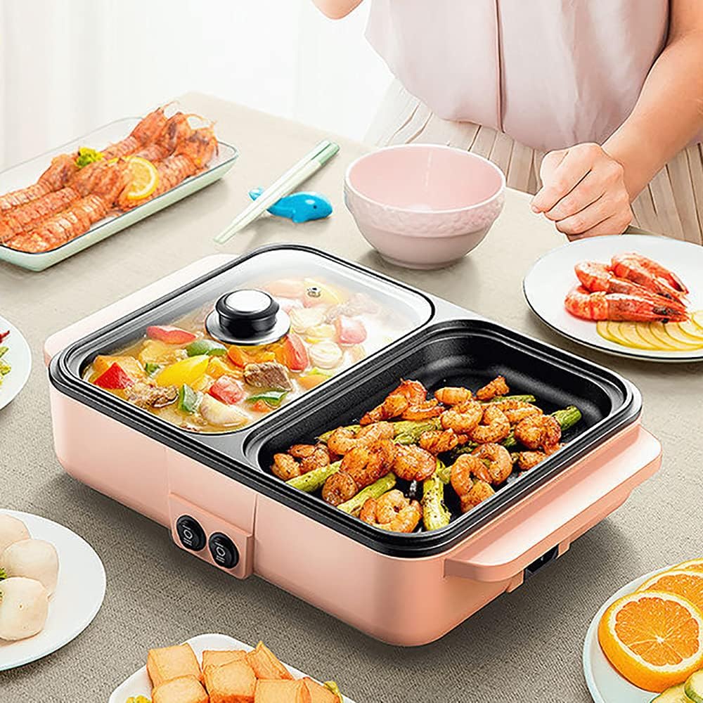 Hot Pot Electric with Grill, 2 in1 Indoor Non-Stick Shabu Shabu Pot & Frying Pan, Portable Mini Hot Pot Korean BBQ w/Individual Dual Temperature Control, 1-3 People
