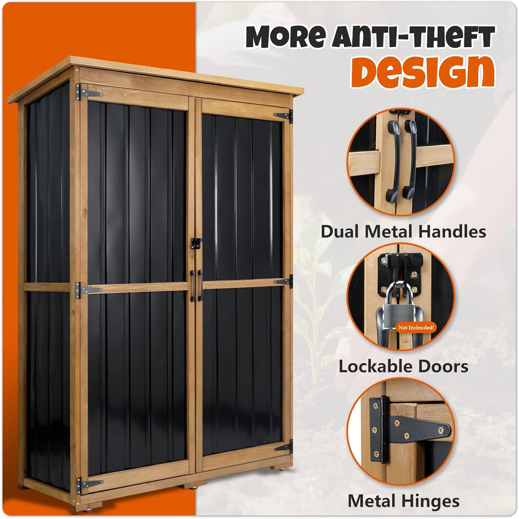 Outdoor Storage Cabinet with Shelves, Wood & Metal Storage Shed with Weatherproof Roof, 3 Removable Shelves, Lockable Doors, Adjustable Feet, Outside Storage Cabinet for Garage, Patio, Backyard