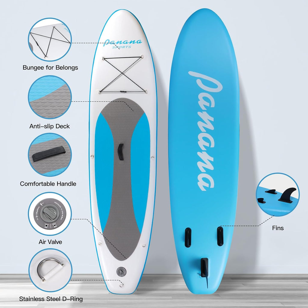 Panana Inflatable Stand Up Paddle Board 10'/10'8''x30''/32''x6'' iSUP Non-Slip Deck Paddleboard for Adults Beginners Youth, with Paddle Pump Fins Leash Backpack
