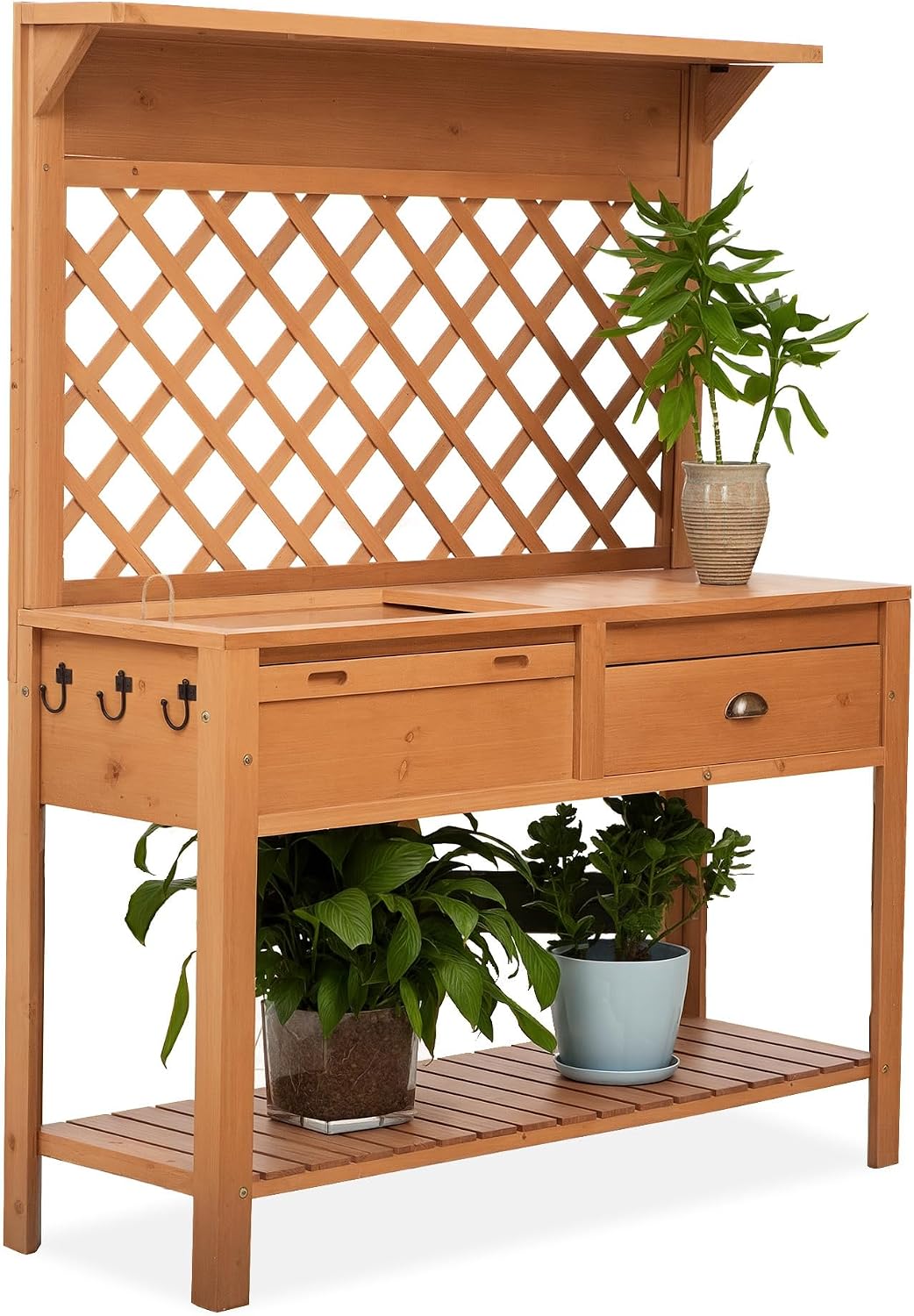 Outsunny Garden Potting Bench, Outdoor Wooden Workstation Table w/Metal Screen, Drawer, Hooks, Storage Shelf, and Lattice Back for Patio, Backyard and Porch, Natural