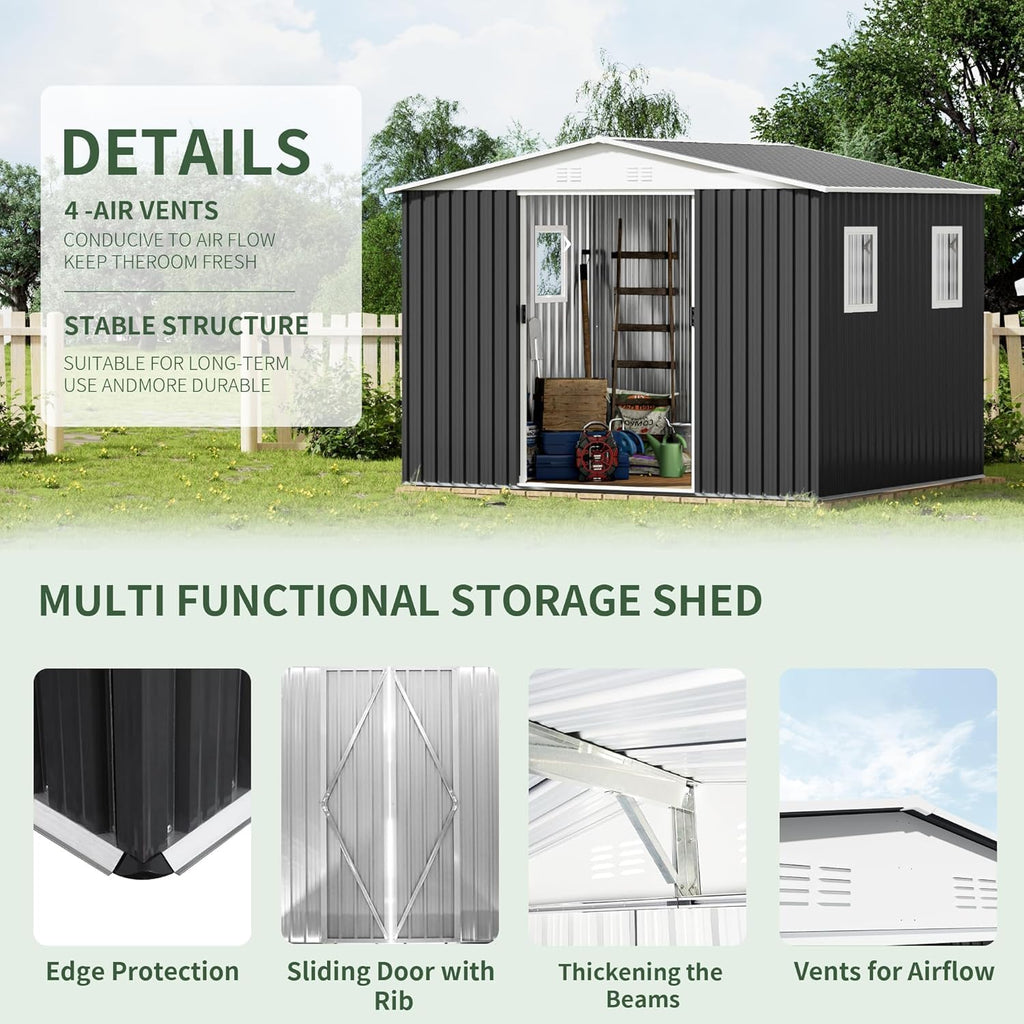 10FT x 8FT Outdoor Storage, Metal Anti-Corrosion Utility Tool House with Lockable Door & Shutter Vents，Outdoor Waterproof Garden Tool Storage Sheds（with 4 Transparent Window）