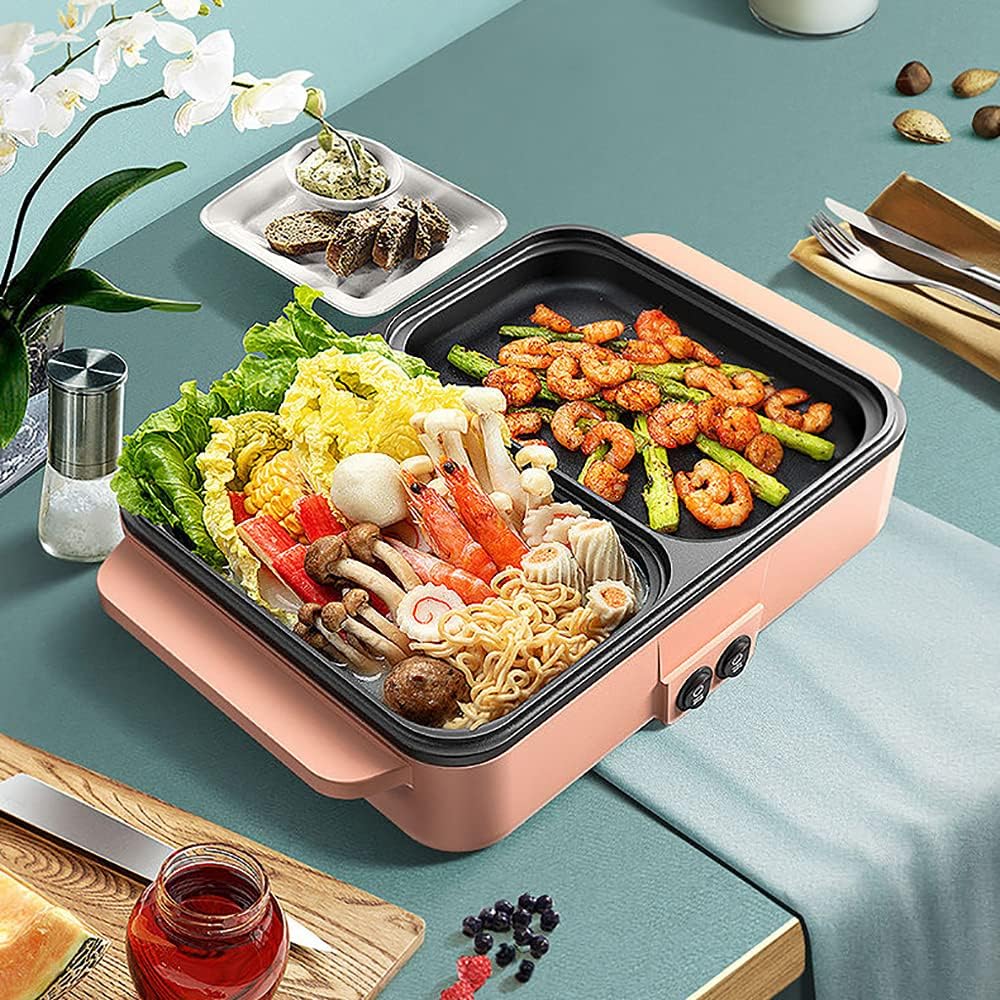 Hot Pot Electric with Grill, 2 in1 Indoor Non-Stick Shabu Shabu Pot & Frying Pan, Portable Mini Hot Pot Korean BBQ w/Individual Dual Temperature Control, 1-3 People