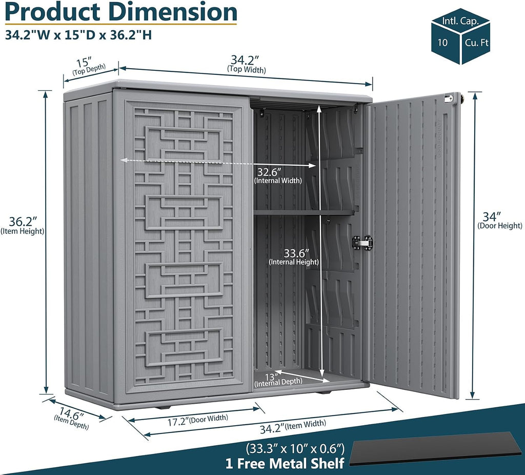 HOMSPARK Indoor/Outdoor Storage Cabinet with Doors and Shelf, 34'x15'x36' HDPE Plastic Storage Box Waterproof for Patio, Garden, Balcony, Multi-Purpose for Daily Tools, Grey