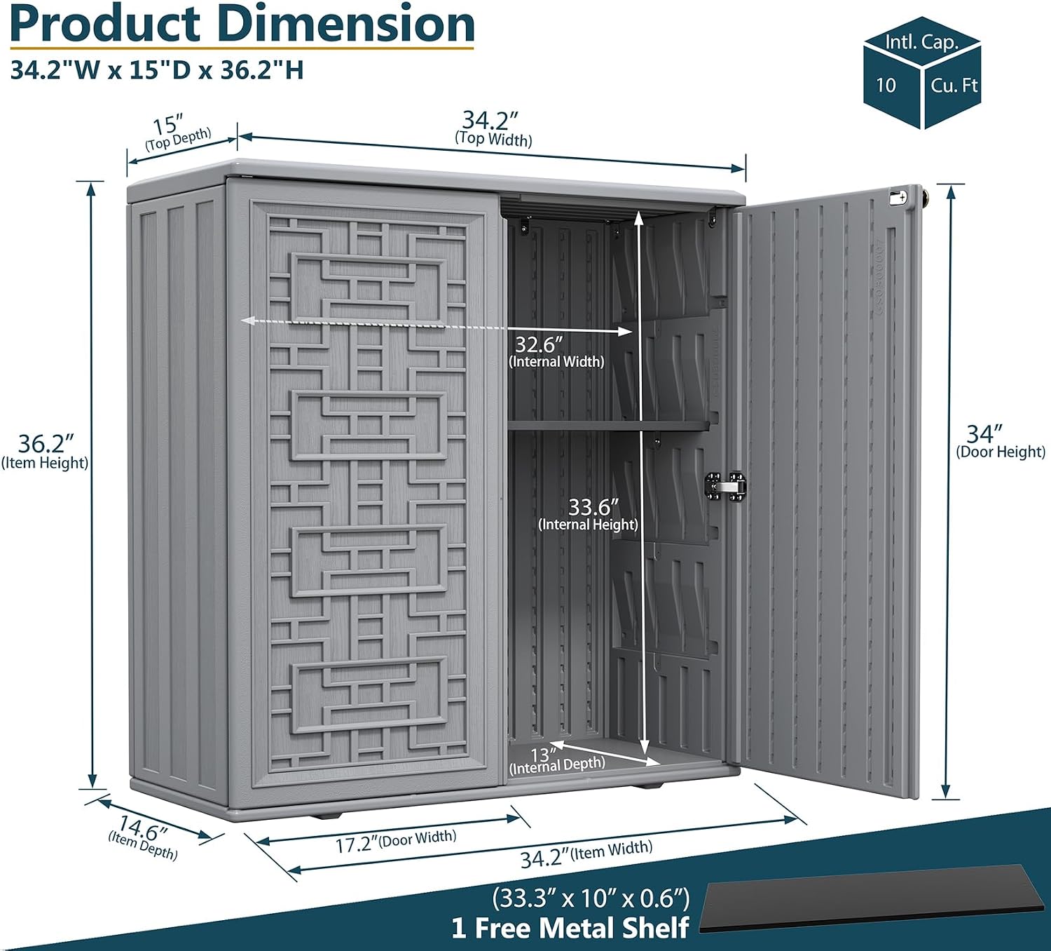 HOMSPARK Indoor/Outdoor Storage Cabinet with Doors and Shelf, 34'x15'x36' HDPE Plastic Storage Box Waterproof for Patio, Garden, Balcony, Multi-Purpose for Daily Tools, Grey