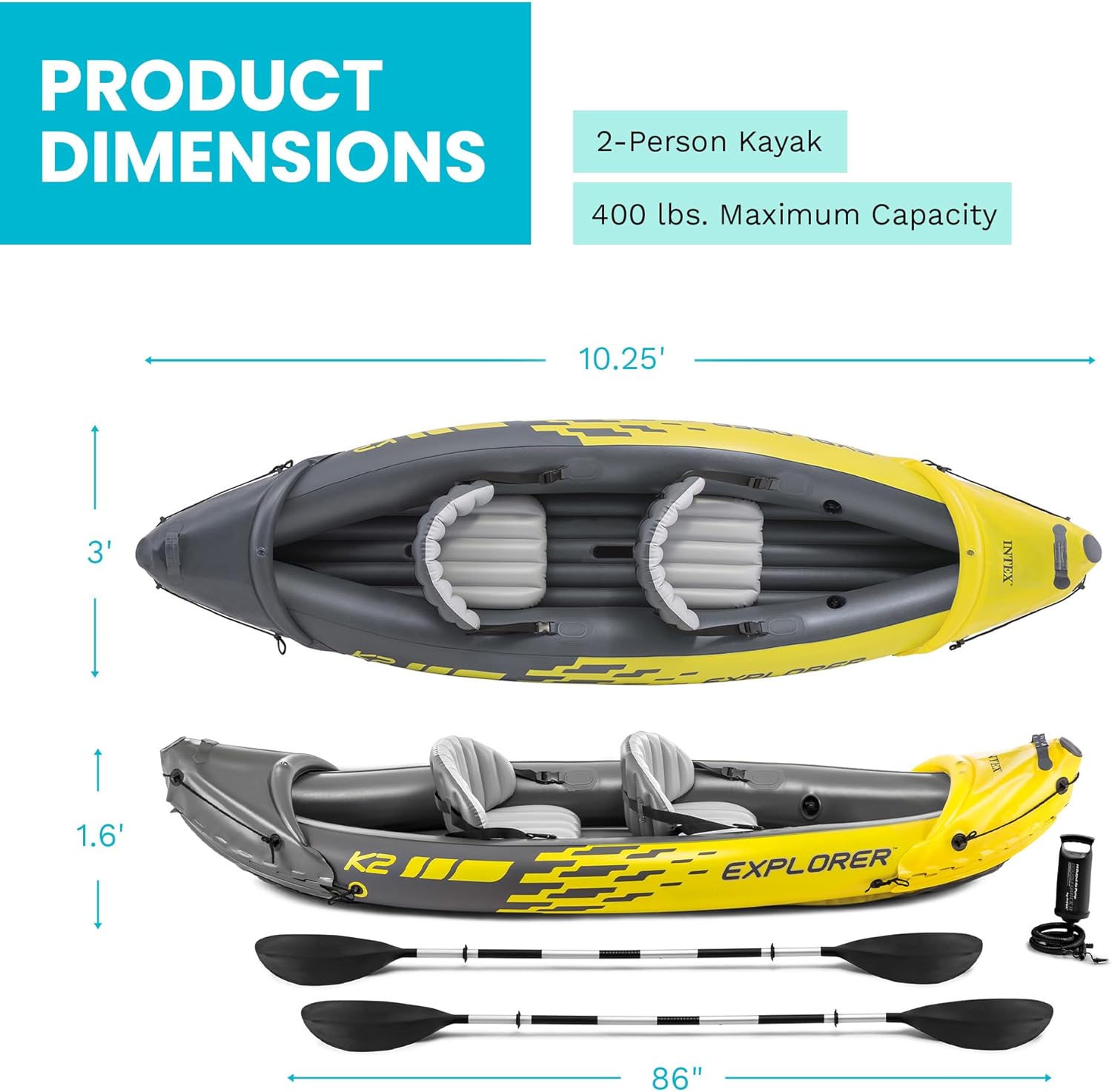 Intex 68307EP Explorer K2 Inflatable Kayak Set: Includes Deluxe 86in Aluminum Oars and High-Output Pump – SuperStrong PVC – Adjustable Seats with Backrest – 400lb Weight Capacity