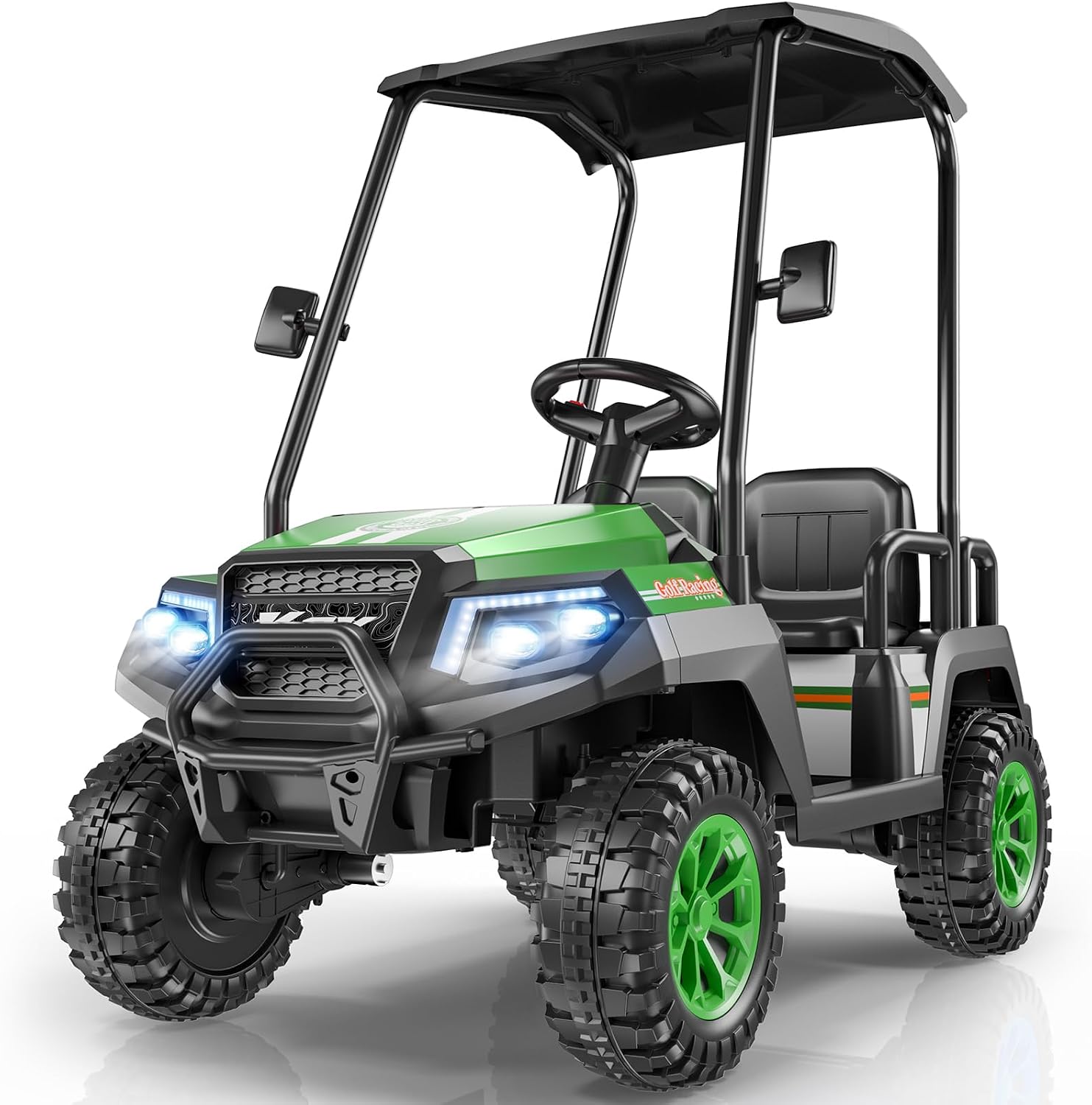 R9 24V Kids Golf Cart, 4 Seats, 4WD Kids Electric Car w/Remote Control, Spring Suspension, Multimedia Functions Including Music, Story, Wireless Connection, Horn, Power Display, Detachable Awning