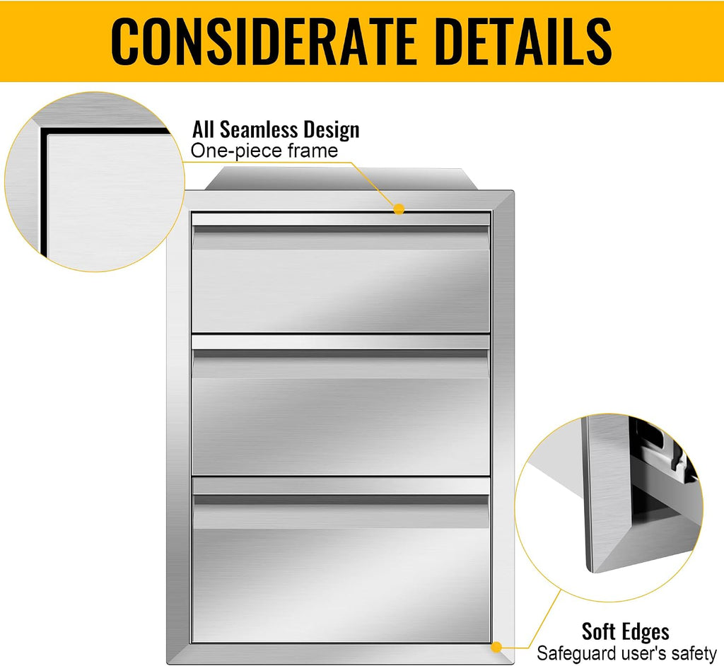 Outdoor Kitchen Drawers 16Wx23Dx21H Stainless Steel Flush Mount BBQ Triple Drawers for Outdoor Kitchen Island, or Patio Grill Station