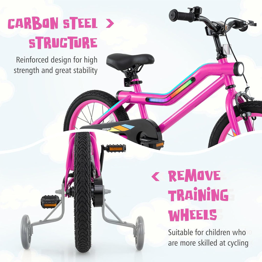 BABY JOY Lighted Kids Bike, 16 18 Inch Children Bicycle with 7-Mode LED Lighted Frame, Headlight, Flash Training Wheels, Dual-Brake, 95% Pre-Assembled, Girls Boys Bike for 4-8 Years
