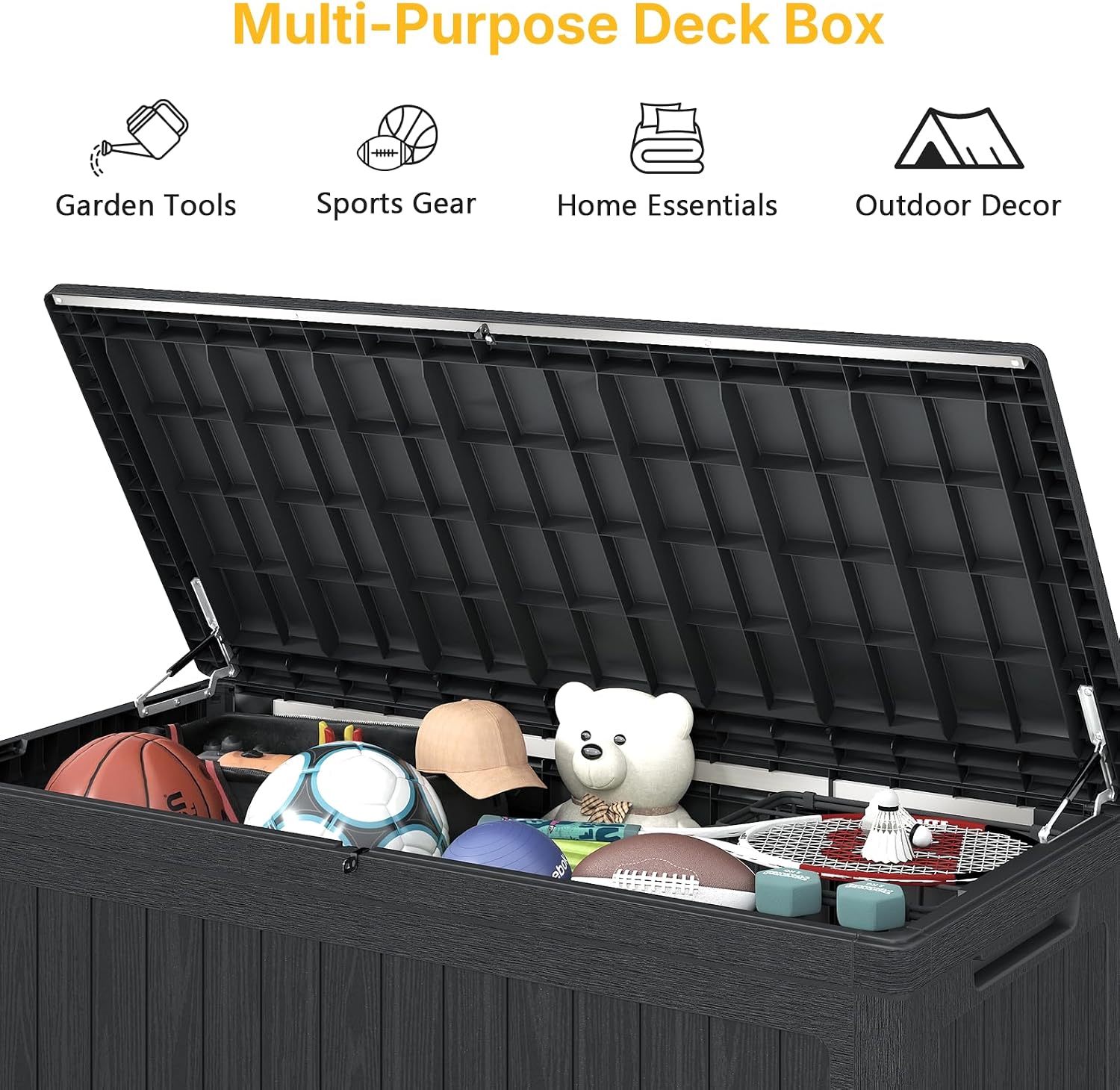 Skepphlay 230 Gallon Deck Box Large Outdoor Storage Box, Black Waterproof Deck Storage Bench, 440 lbs Load Capacity Outdoor Storage Bin for Garden, Patio, Pool, Boat