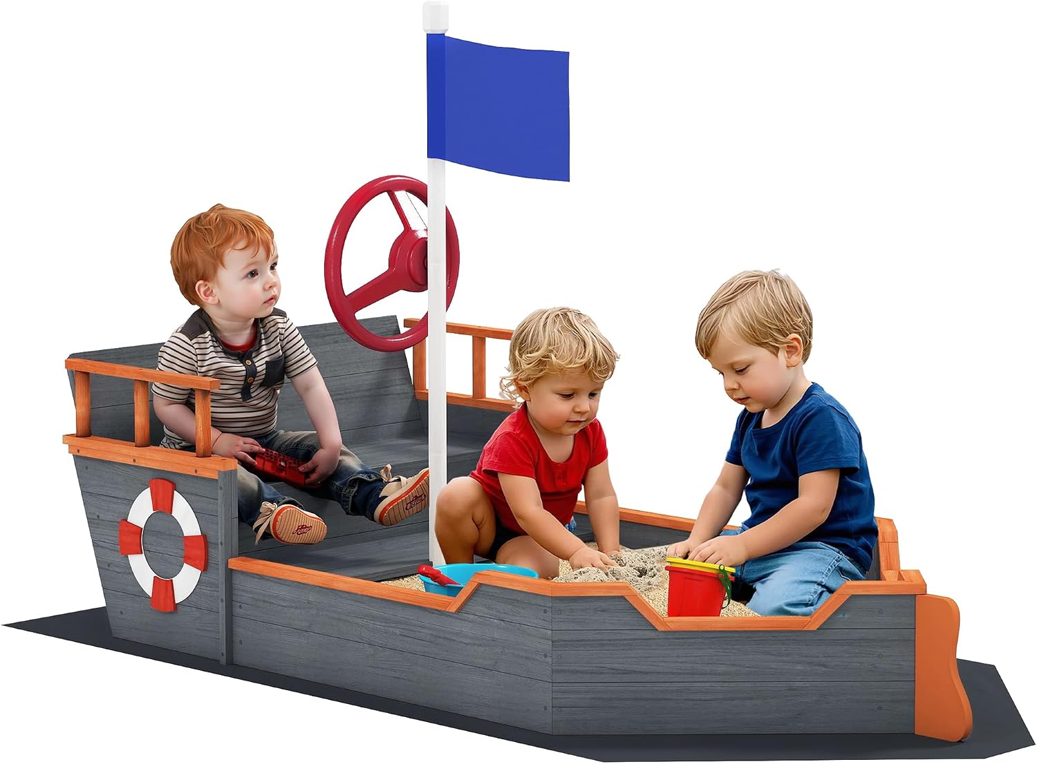 Outsunny Wooden Kids Sandbox, Ship-Shape Outdoor Sandboat with Bench Seats, Storage, Non-Woven Fabric Cloth for Backyard, Lawn, Dark Gray