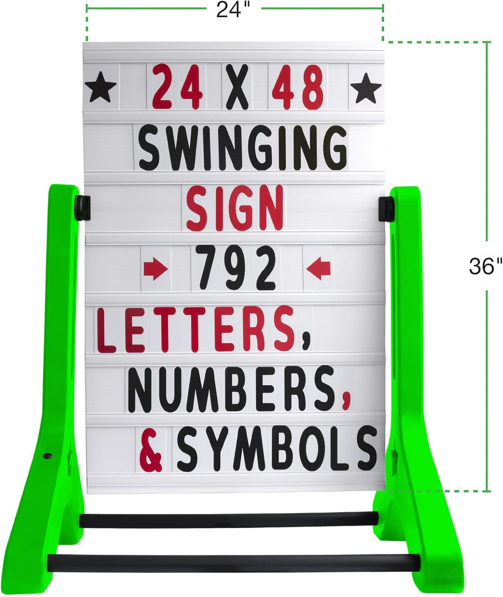 EXCELLO GLOBAL PRODUCTS Swinging Changeable Message Sidewalk Sign: 24' x 36' with 792 Pre-Cut Double Sided Letters and Storage Box. Includes Black Board & Letter Board (Green Color Legs)