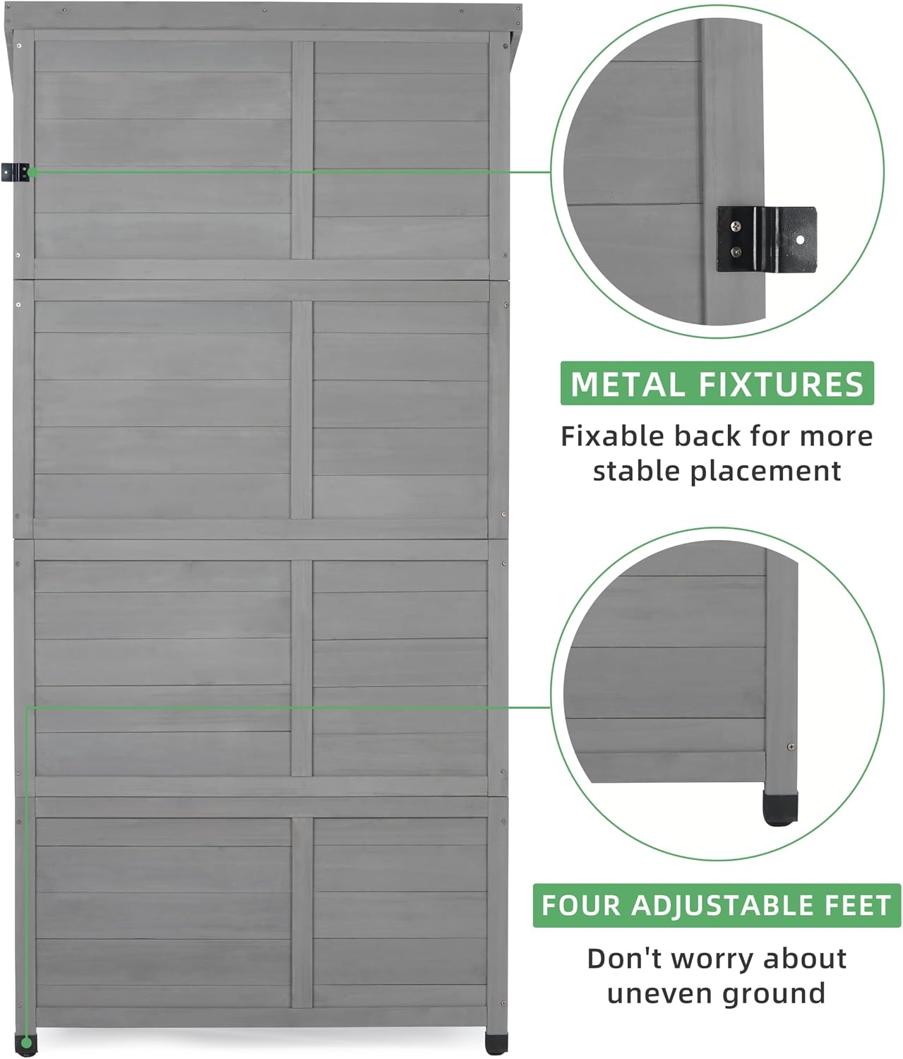 68''x33''x20'' Outdoor Wooden Storage Shed with Metal Top Tall Vertical Tool Cabinet for Backyard Garden Patio Lawn (Grey)