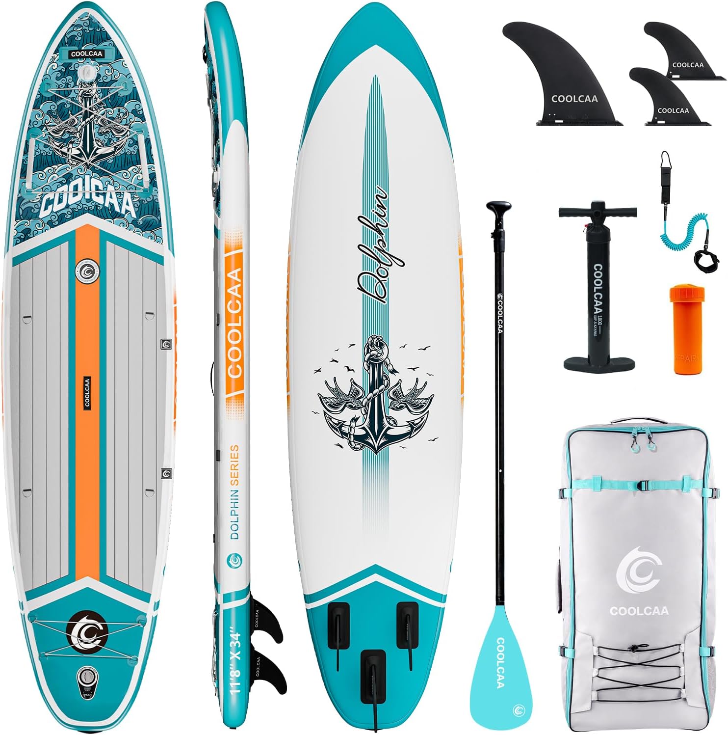COOLCAA Dolphin Inflatable Paddle Board, Extra Wide & Stable SUP for Family and Beginners, Versatile for Water Activities, with Complete Accessories & Backpack