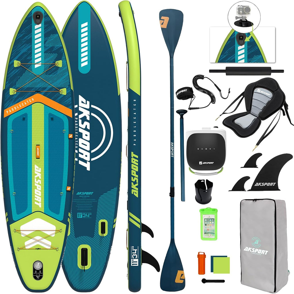 AKSPORT 11' Inflatable Stand-Up Paddle Board with Upgraded SUP Accessories Kit | Extra Wide 34' Design | Non-Slip Deck | Premium SUP Board for Adults & Youth of All Levels