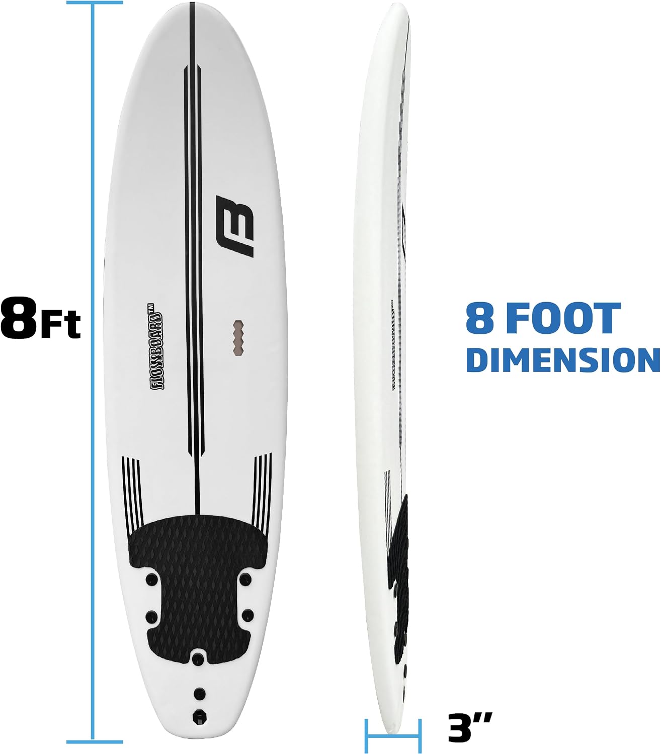 FLOWBOARD Surfboard Softboard Foam - Include (3) Fins 6' Foot Leash and (2) Wood Stringers Inside Board Availalable in 6' and 7' Short Board and 8' Longboard