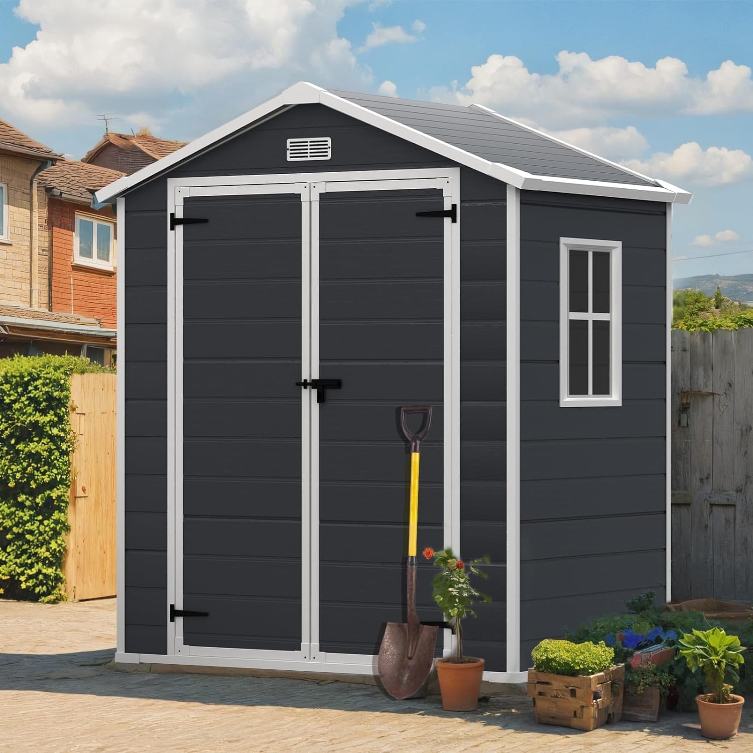 Outdoor Storage Shed 6 x 4.4 FT, Heavy-Duty Resin Tool Shed with Reinforced Floor, Lockable Door & Vent, Weather-Resistant Garden Shed for Lawn Equipment & Bikes (Dark Gray)
