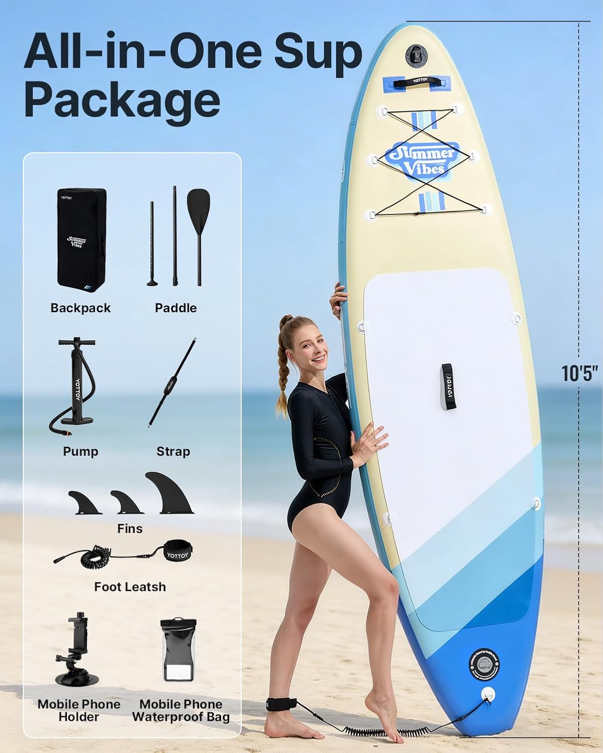 YOTTOY Inflatable Stand Up Paddle Board,Stable Lightweight 10'5' SUP with Non-Slip EVA Deck, Premium Paddleboard Accessories, Three-Fin System & Carry Bag,All-Around Inflatable SUP