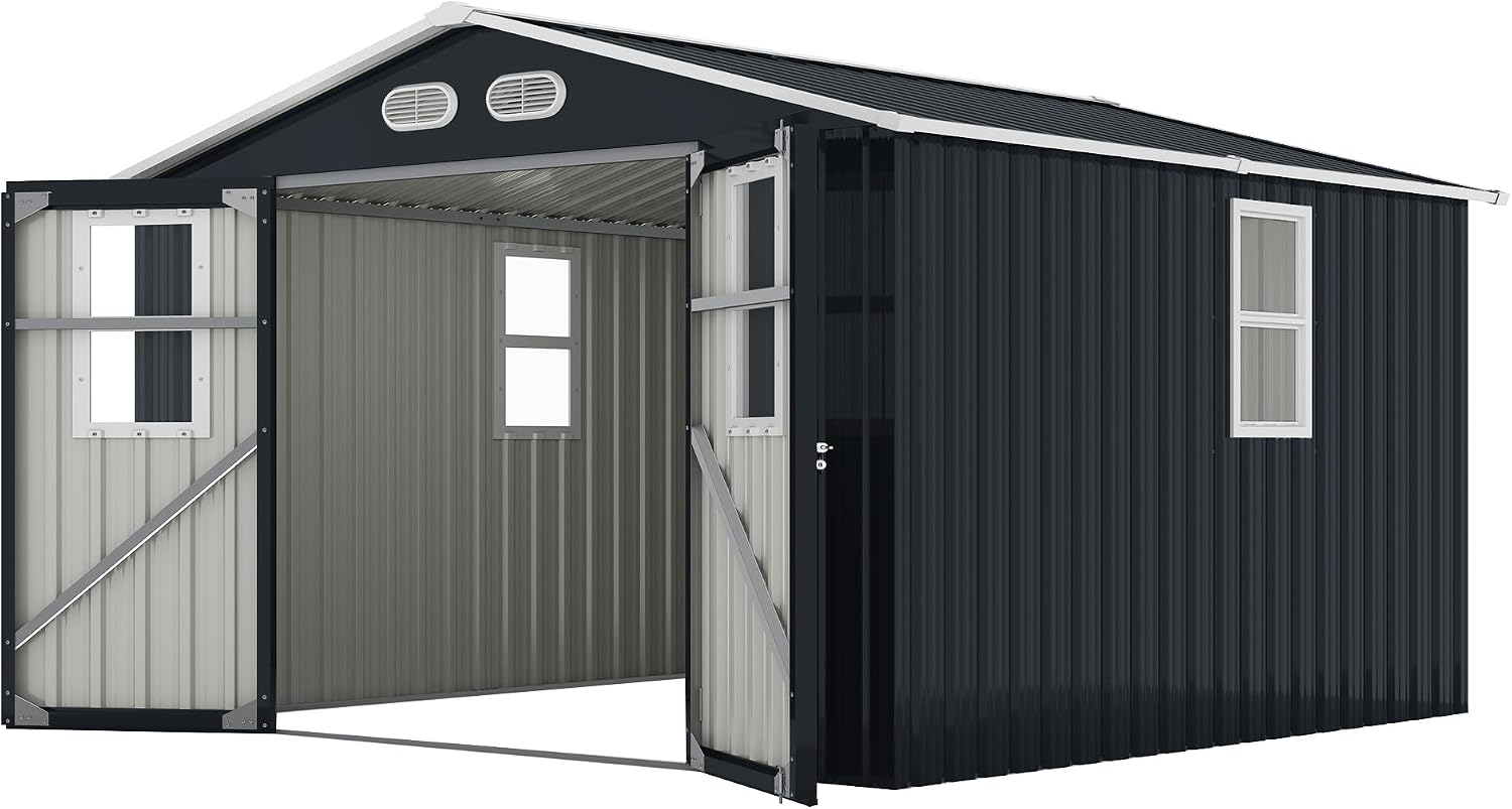 YOPTO 8x8 SF Outdoor Storage Shed,Metal Shed with Lockable Doors & 4 Daylight Windows,Garden Tool Shed w/Air Vents & Sloped Roof, Ideal for Backyard,Patio,Lawn,Dark Gray