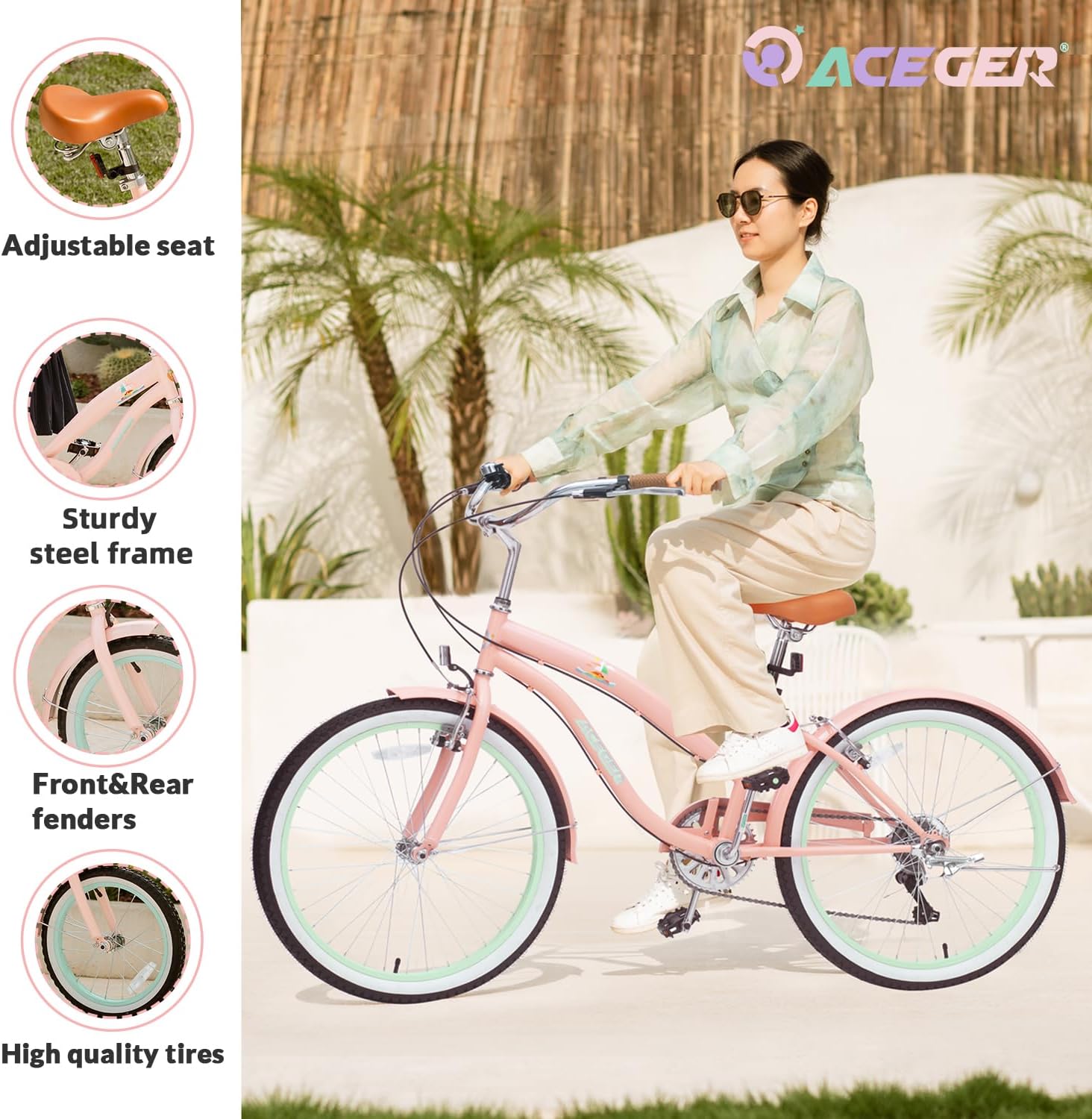 ACEGER Girls Beach Cruiser Bike for Kids 5-13 Years Old, 16' 18' 20' 24' Single Speed Kids Bicycle Included Coaster Brake, Front and Rear Reflectors, 24' 7 Speeds with Dual Brakes