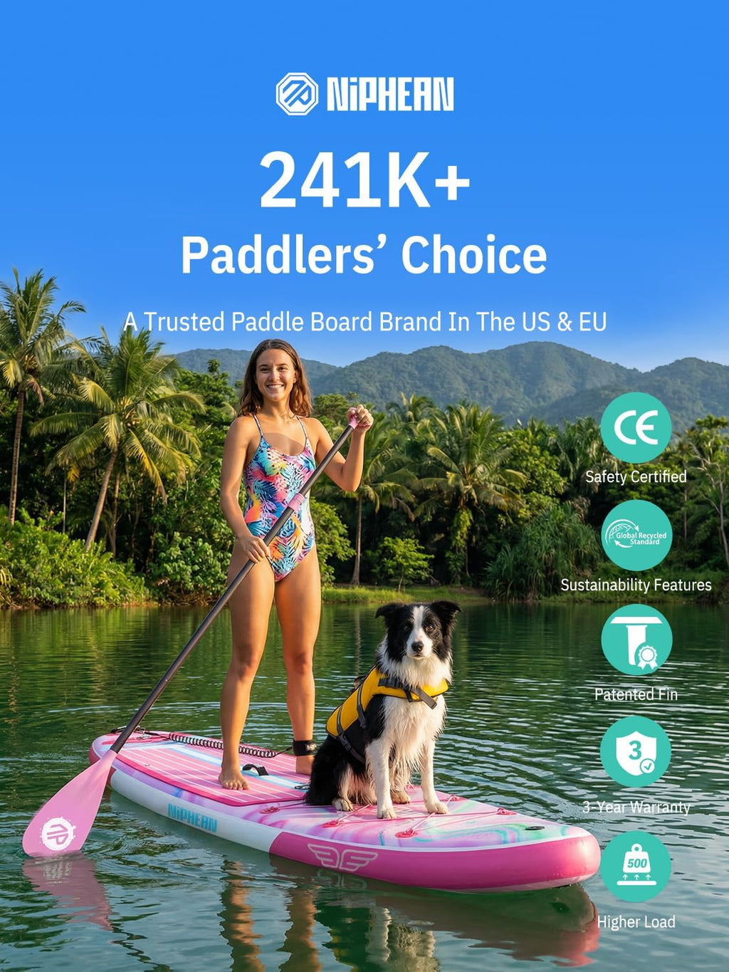 Niphean (Extra Large) Inflatable Paddle Board, SUP for 2+1 People/Family 500lbs Capacity Stand Up Paddle Board with SUP Accessories, StabilTrac Fin Non-Slip Paddleboard for Adults