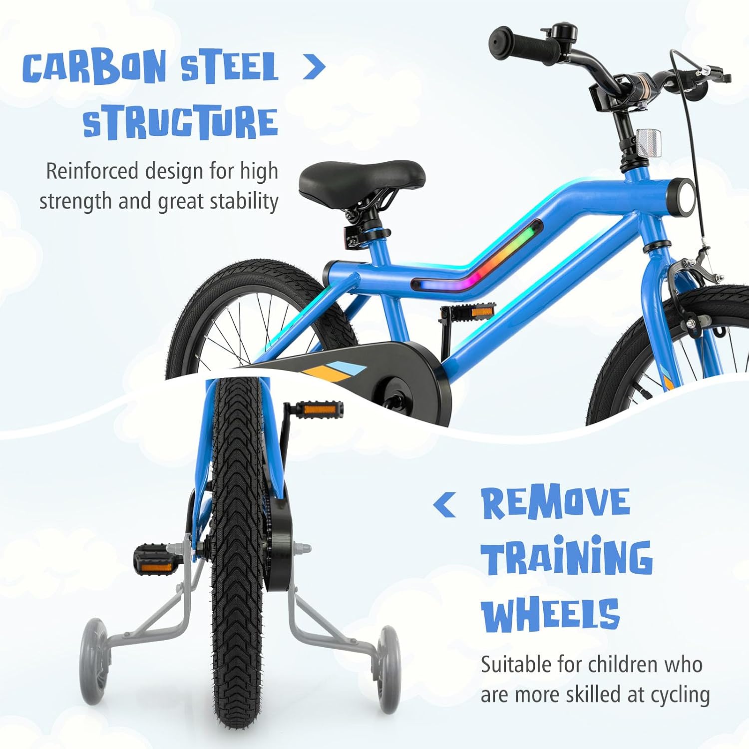 BABY JOY Lighted Kids Bike, 16 18 Inch Children Bicycle with 7-Mode LED Lighted Frame, Headlight, Flash Training Wheels, Dual-Brake, 95% Pre-Assembled, Girls Boys Bike for 4-8 Years