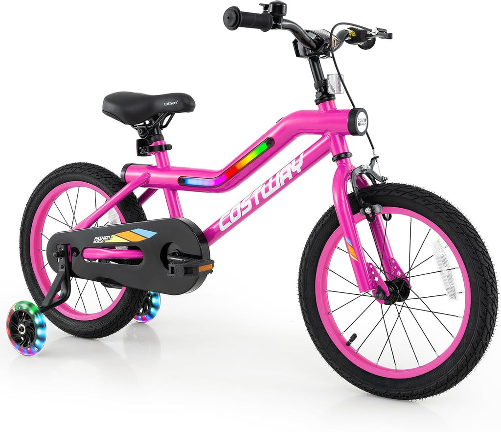 COSTWAY 16'/18' Lighted Kids Bike, Children Sport Bicycle with LED Light-up Frame, Adjustable Saddle, Training Wheels, Handbrake & Coaster Brake, Kids Riding Bike for 4-7/4-8 Years Old Boys & Girls