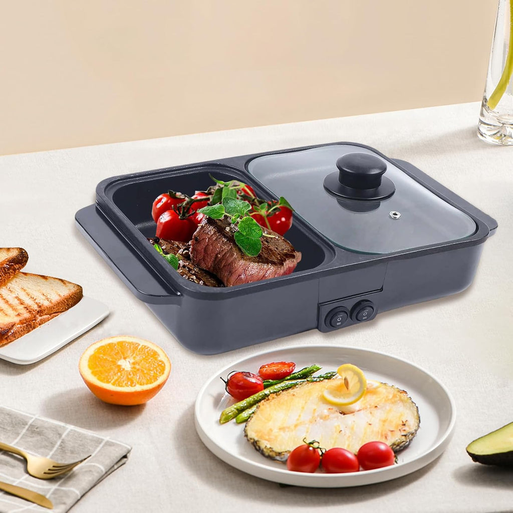 Hot Pot Electric with Grill, 2 in1 Indoor Non-Stick Shabu Shabu Pot & Frying Pan, Portable Mini Hot Pot Korean BBQ w/Individual Dual Temperature Control, 1-3 People