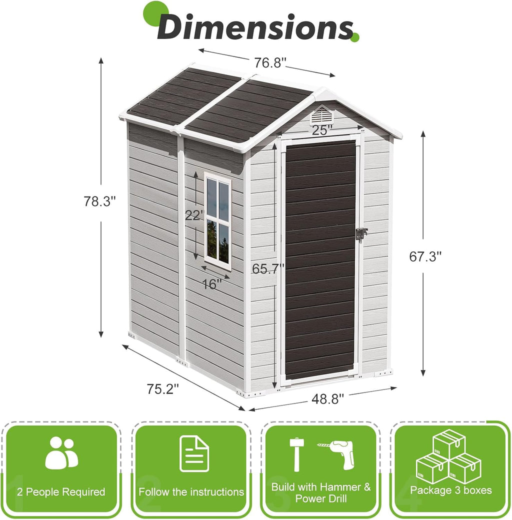 4x6 FT Plastic Outdoor Storage Shed with Floor and Lockable Door, All-Weather Resin Storage Shed Easy to Install, Plastic Sheds & Outdoor Storage for Garden Backyard, Patio, Dove Grey