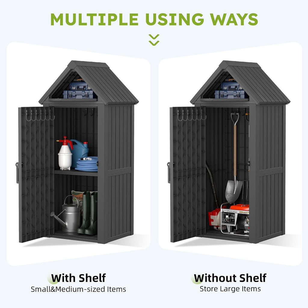 Vertical Outdoor Storage Shed, Waterproof Resin Outdoor Storage Cabinet with Removable Shelves & 12 Hooks, Lockable Small Tool Shed for Garden, Backyard, Patio, Pool, Black