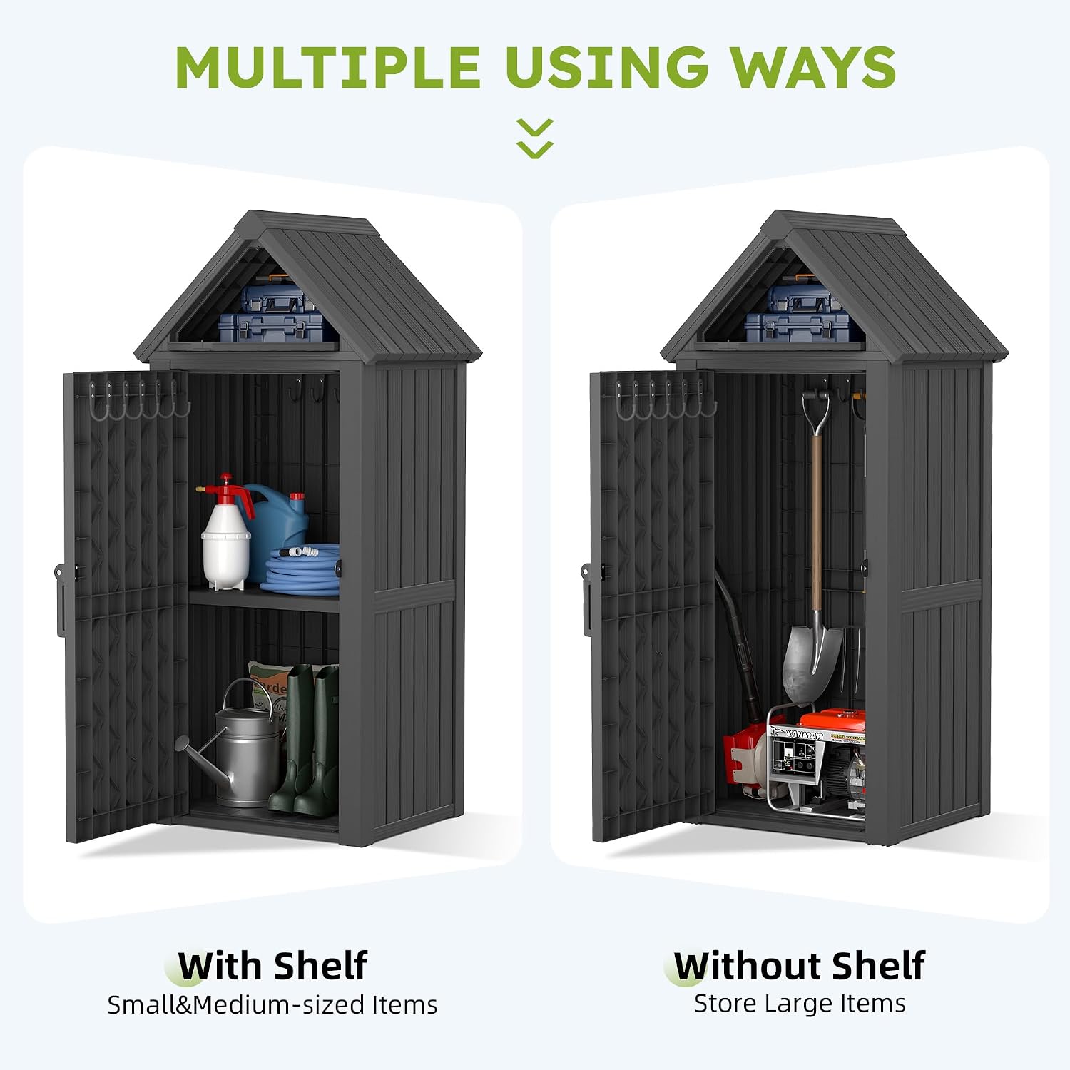 Vertical Outdoor Storage Shed, Waterproof Resin Outdoor Storage Cabinet with Removable Shelves & 12 Hooks, Lockable Small Tool Shed for Garden, Backyard, Patio, Pool, Black