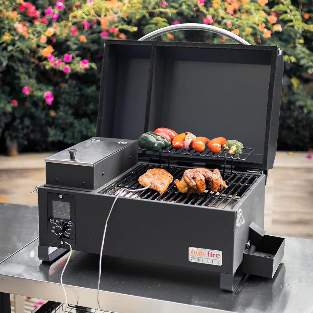 ONLYFIRE GRILLS BBQ Wood Pellet Grill Smoker with Meat Probe, 2 Tiers Cooking Area, Portable Tabletop Grilling Stove for Outdoor Kitchen Cooking Smoke and Roast, RV Camping, Black GS314