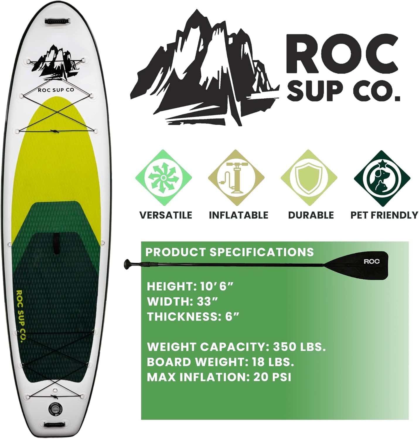 Roc Inflatable Stand Up Paddle Board 10' 6' with Premium SUP Paddle Board Accessories, Wide Stable Design, Non-Slip Comfort Deck for Youth & Adults