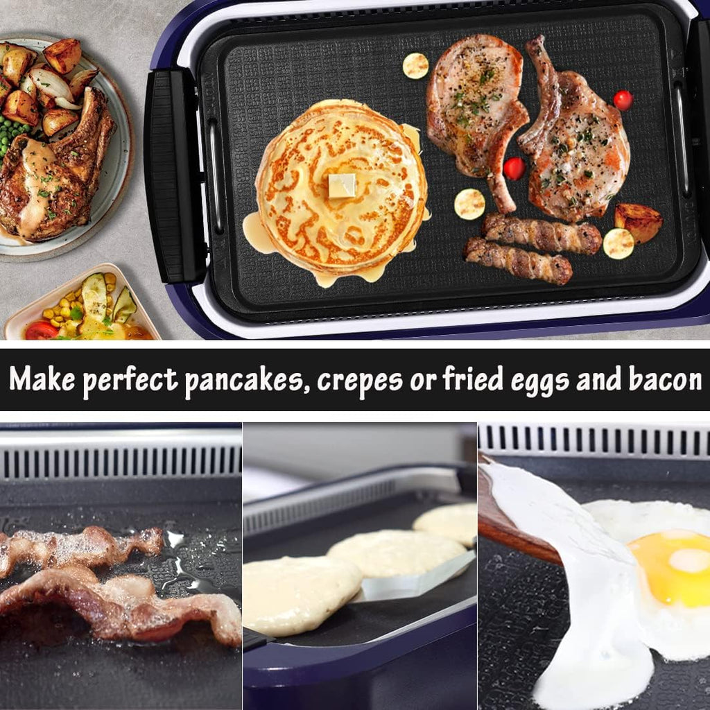 Smokeless Indoor Grill, CUSIMAX Electric Grill with Tempered Glass Lid, 1500 Indoor Grill & Flat Top Griddle for Cusimax Smokeless Grills, Pancake Griddle Plate, Dishwashe safe, Blue