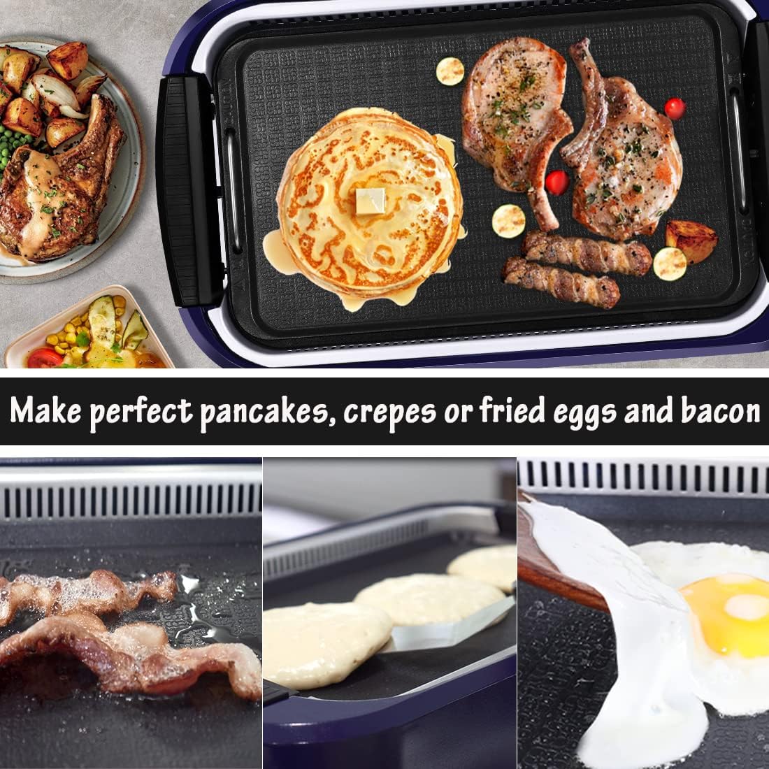 Smokeless Indoor Grill, CUSIMAX Electric Grill with Tempered Glass Lid, 1500 Indoor Grill & Flat Top Griddle for Cusimax Smokeless Grills, Pancake Griddle Plate, Dishwashe safe, Blue