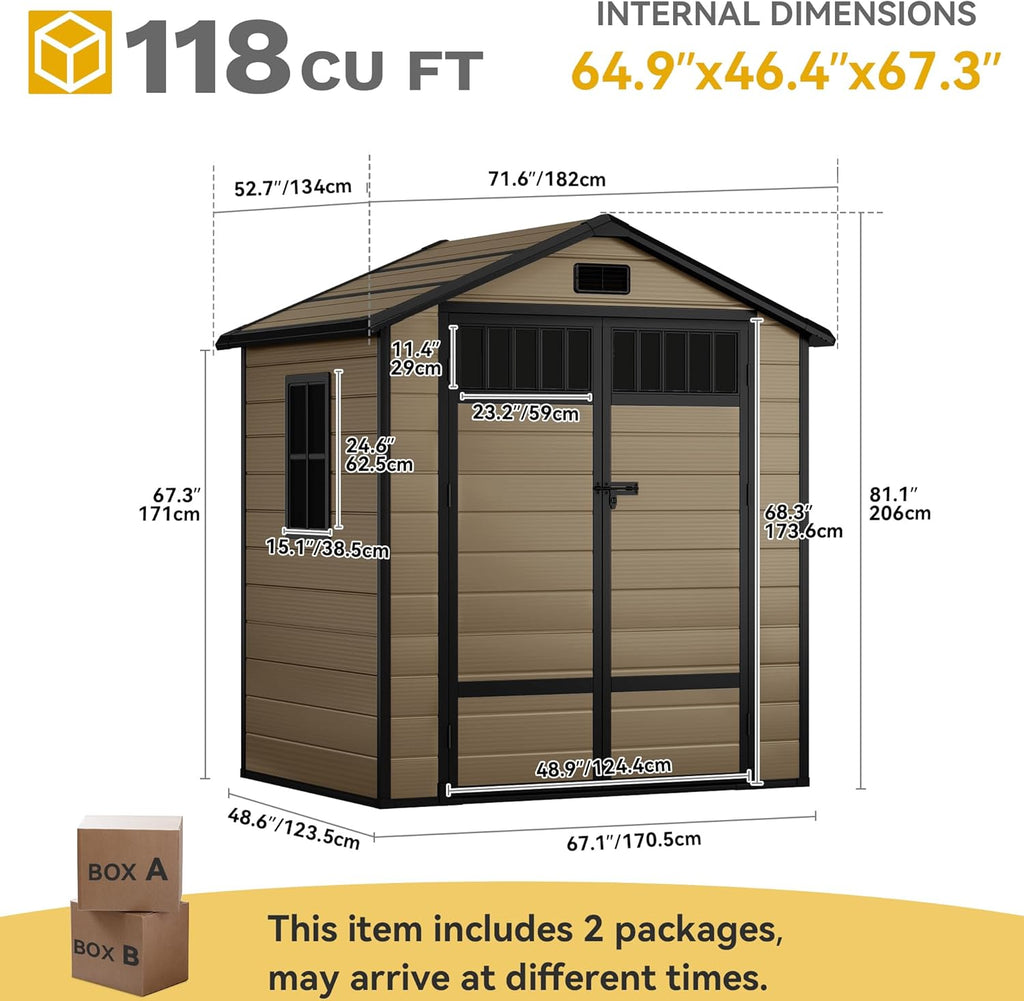 DWVO 6x4.4 FT Resin Storage Shed with Fence-Style and Side Windows, Lockable Door, and Vents Outdoor Storage Shed for Garden, Backyard, Patio, Lawn