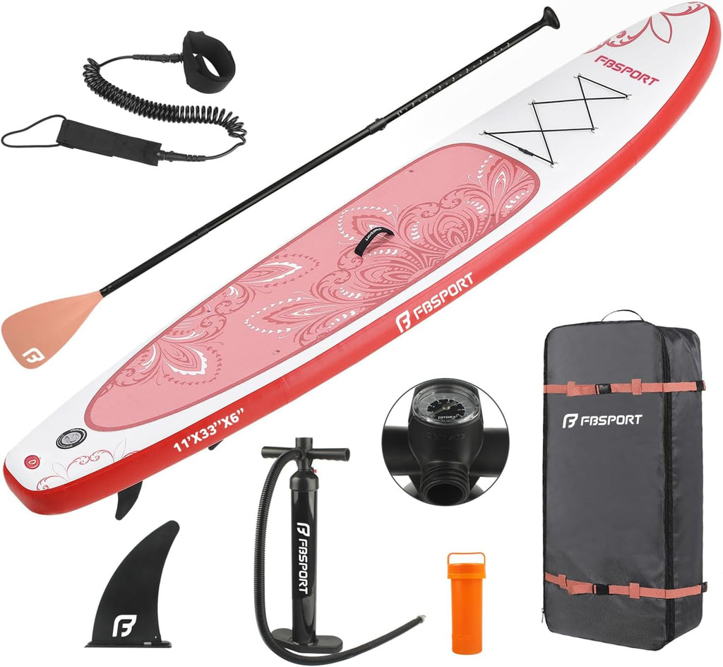 FBSPORT 11' Premium Stand Up Paddle Board, Yoga Board with SUP Accessories & Carry Bag | Wide Stance, Surf Control, Non-Slip Deck, Leash, Paddle and Pump for Youth & Adult