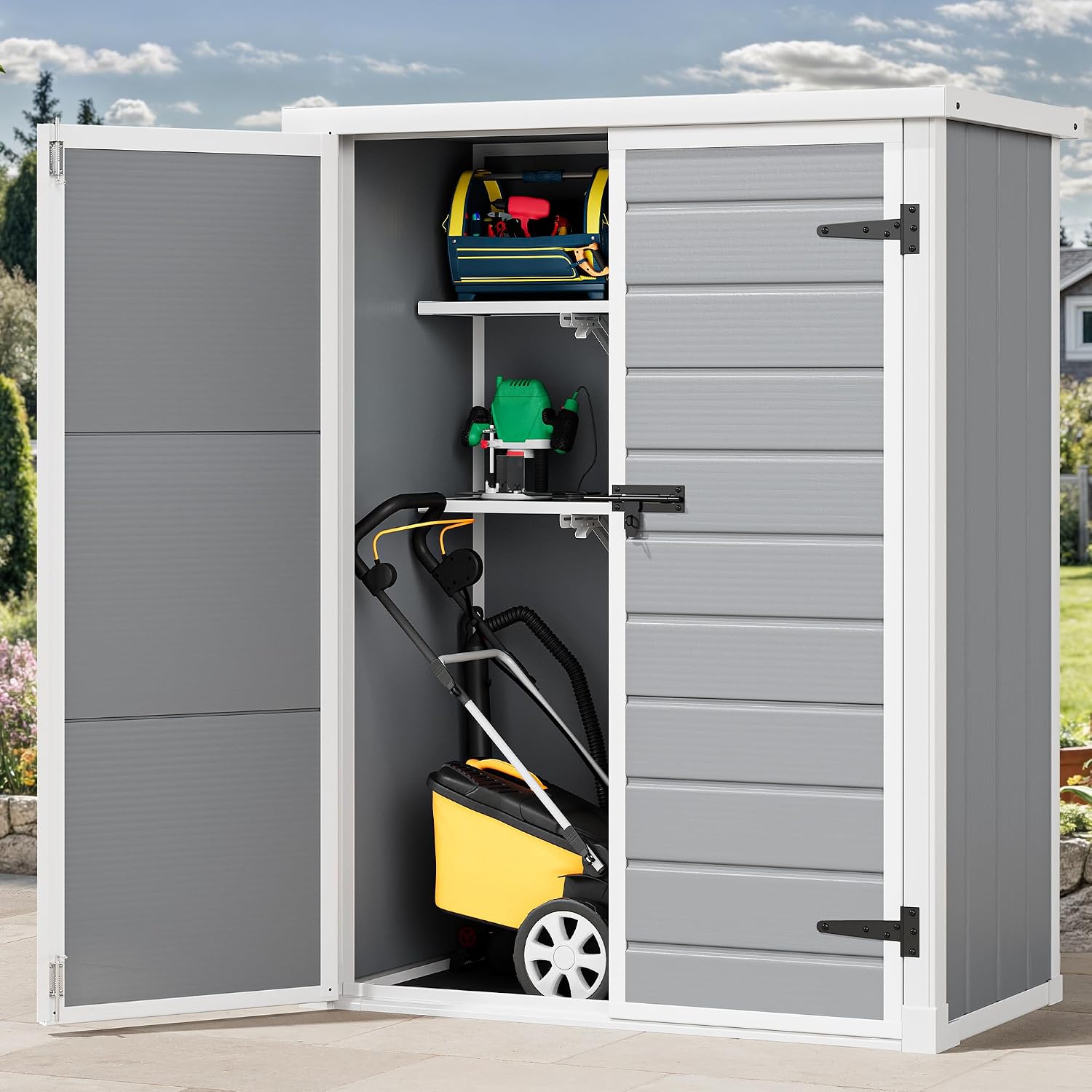 DWVO 4.3x2x5.5ft Outdoor Vertical Storage Shed with 2 Shelves, 50 Cu Ft Waterproof Resin Garden Shed with Lockable Door, Plastic Tall Tool Cabinet for Garbage Cans, Lawn Garden Supplies (Gray)